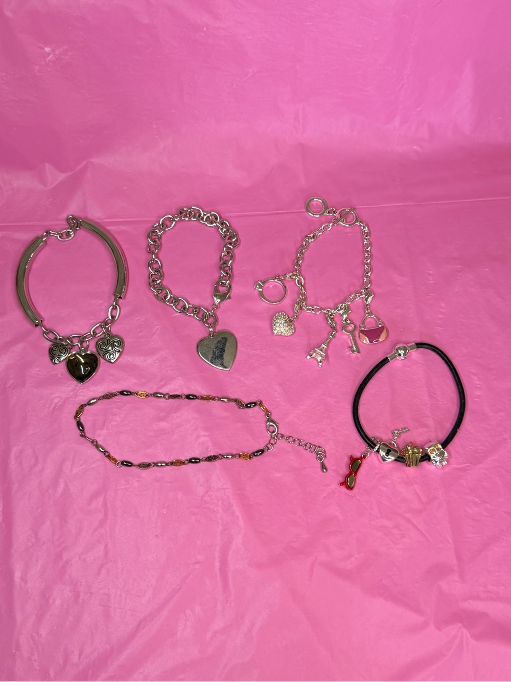 Lot of Assorted Silver Tone Heart Charm Bracelet Set of 5 - Women Jewelry